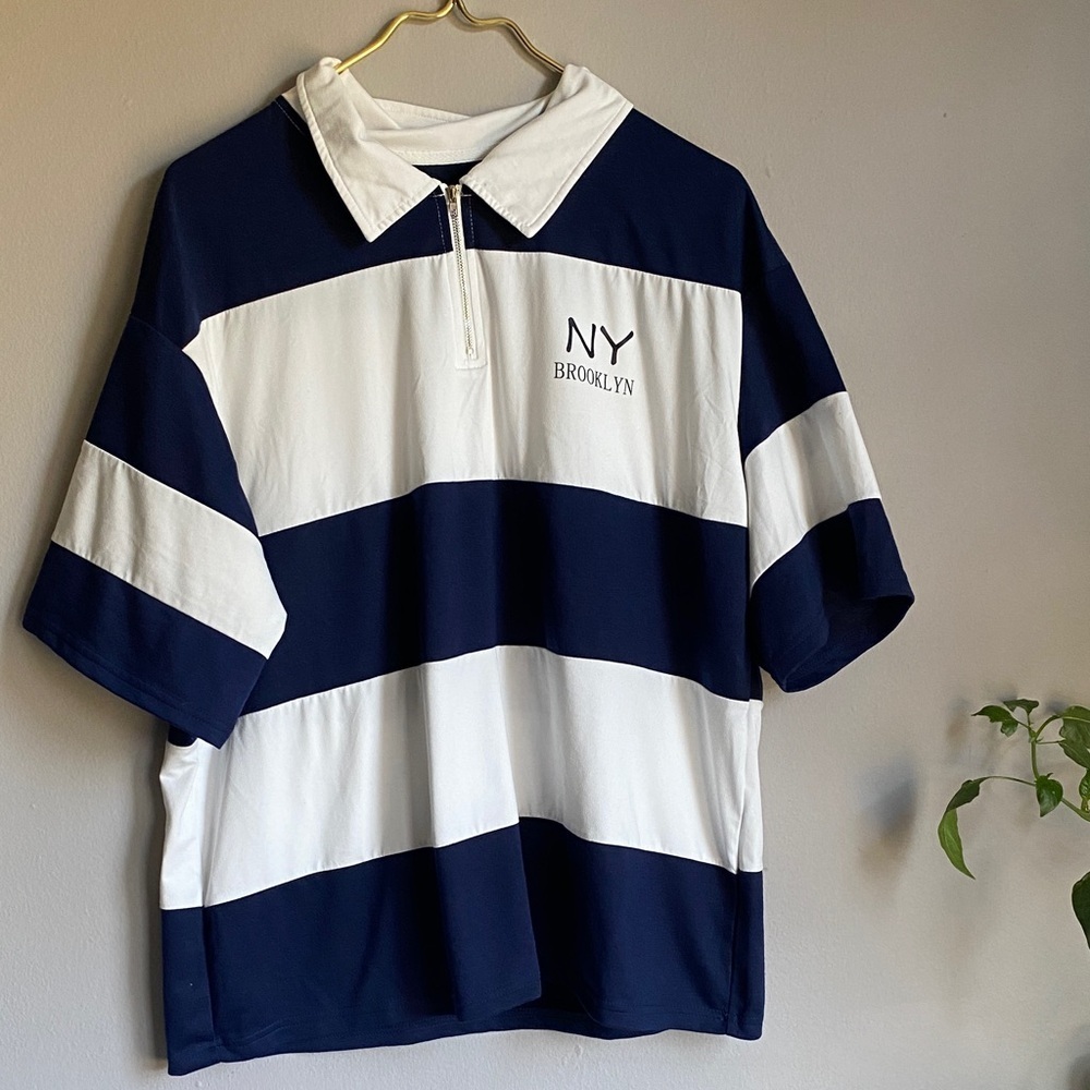 SHEIN Navy and White Striped Polo Shirt